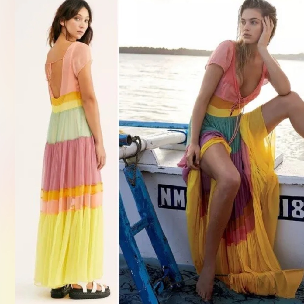 FREE PEOPLE Hocus Pocus Rainbow Colorful Fun Maxi Dress $198 *flawed*